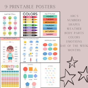 Carteles educativos DESCARGA DIGITAL, carteles de aprendizaje para niños pequeños (juego de 9) ¡Formas, colores, números y más!