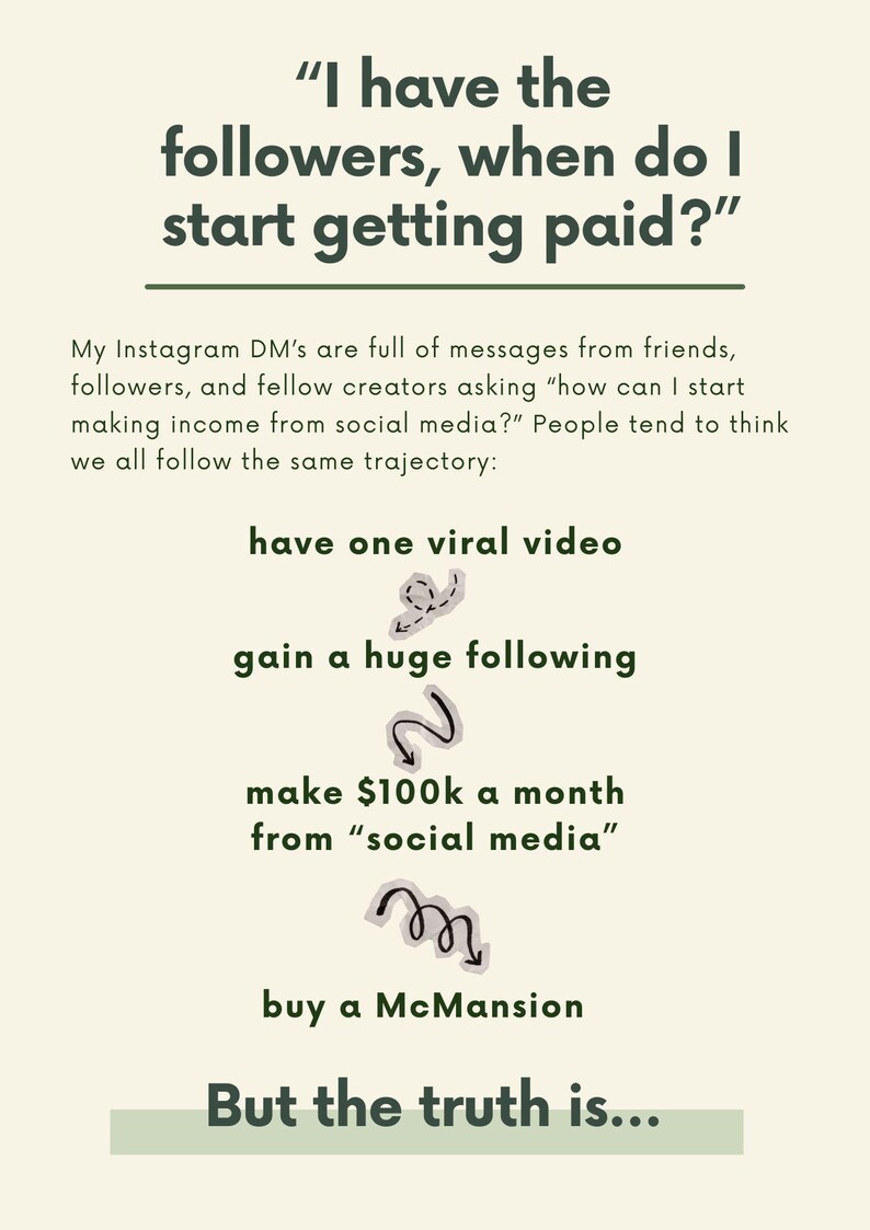 May include: A cream-colored graphic with text asking, "I have the followers, when do I start getting paid?" The image outlines a common social media trajectory: viral video, huge following, $100k/month, and a McMansion.
