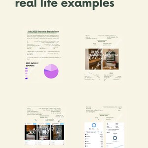 May include: A detailed guide with real-life examples, featuring text and graphics. The guide includes income breakdowns, pros and cons, and examples of social media posts. The color scheme is primarily beige, with accents of purple and green.