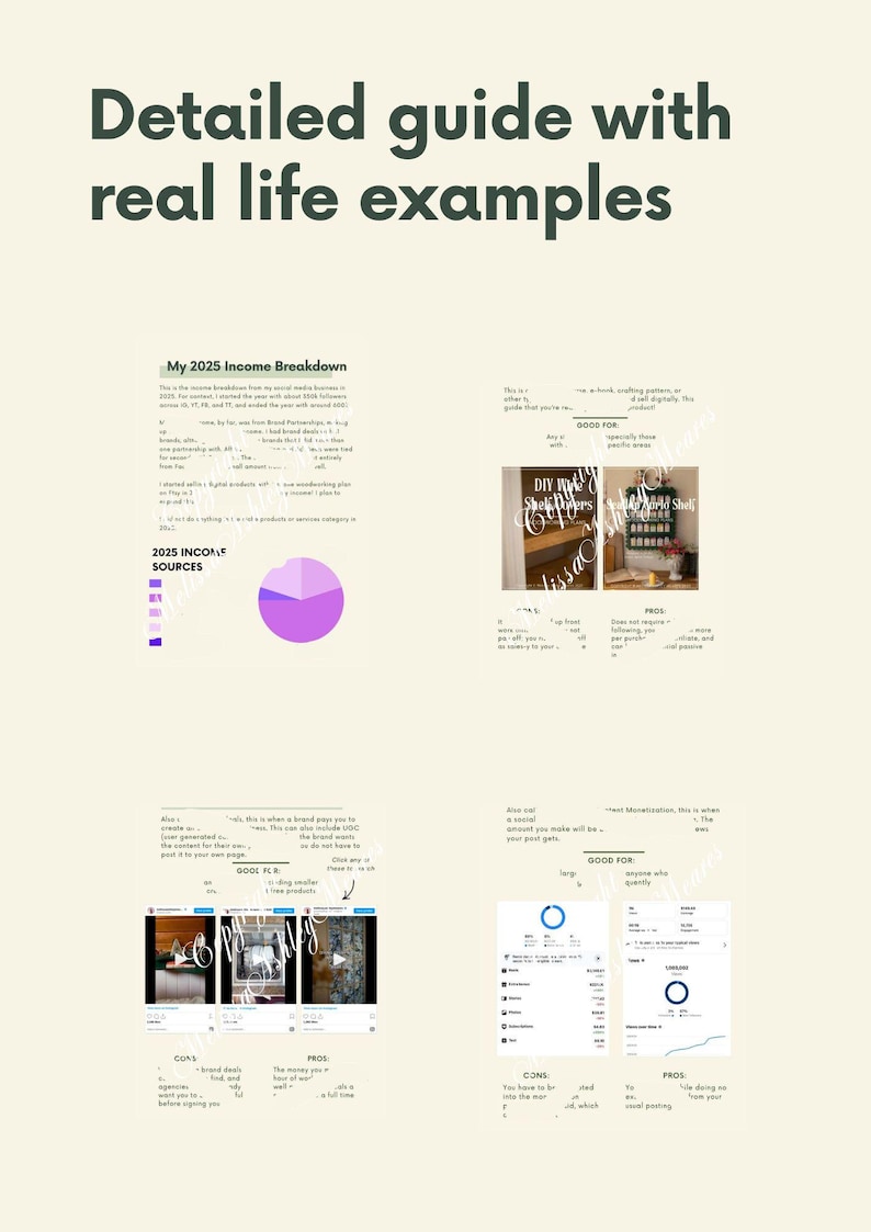 May include: A detailed guide with real-life examples, featuring text and graphics. The guide includes income breakdowns, pros and cons, and examples of social media posts. The color scheme is primarily beige, with accents of purple and green.