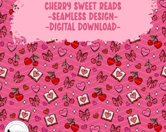 Cherry Sweet Reads Seamless Pattern: Book Lover Digital Design (PNG, JPEG)