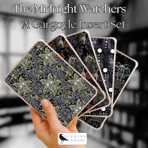May include: A set of phone case inserts with a gothic theme. The inserts feature gargoyle and floral patterns in shades of black, green, and purple. The text "The Midnight Watchers - A Gargoyle Insert Set" is displayed at the top.