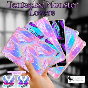 May include: A set of clear protective cases for electronic devices featuring a repeating pattern of pink and blue tentacles on a holographic background. The text Tentacled Monster Lovers appears at the top, with matching stickers shown below.