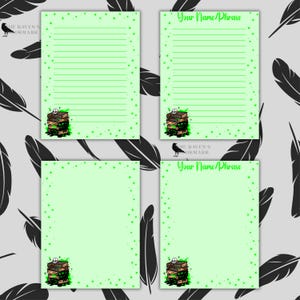 May include: Four sheets of light green stationery with a border of small green stars. Each sheet has a different layout: lined, blank, and with the text "Your Name/Phrase". A stack of books with a skull and green slime is in the corner.