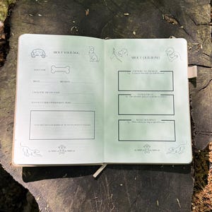 Op de afbeelding: Open notitieboek met illustraties over honden en aanwijzingen. De linkerpagina bevat secties voor de naam van de hond, het ras, de verjaardag, favoriete traktaties en persoonlijkheidskenmerken. De rechterpagina heeft aanwijzingen voor herinneringen, doelen en reflectie.