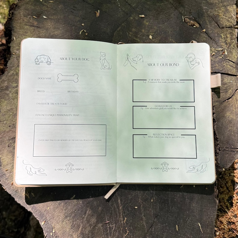 Op de afbeelding: Open notitieboek met illustraties over honden en aanwijzingen. De linkerpagina bevat secties voor de naam van de hond, het ras, de verjaardag, favoriete traktaties en persoonlijkheidskenmerken. De rechterpagina heeft aanwijzingen voor herinneringen, doelen en reflectie.