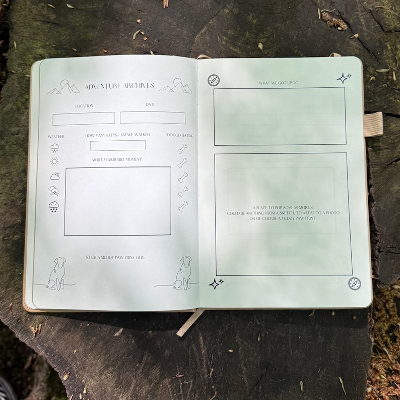 Op de afbeelding: Open notitieboek met de titel "Adventure Archives" en aanwijzingen voor het vastleggen van hondenwandelingen. Bevat secties voor locatie, datum, weer, stappen en gedenkwaardige momenten. Met hondenillustraties.