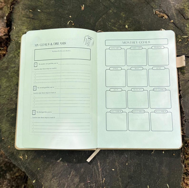 Op de afbeelding: Open notitieboek met de titels "MY GOALS & DREAMS" en "MONTHLY GOALS". De linkerpagina heeft prompts voor jaarlijkse doelen. De rechterpagina heeft vakken voor elke maand, van januari tot december. Het notitieboek ligt open op een houten oppervlak.