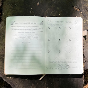 Op de afbeelding: Open dagboek met de titels "Reflecting on Your Journeys" en "Achievement Tracker". De linkerpagina heeft gelijnde ruimte voor notities en denkballonnen. De rechterpagina bevat cirkels met pootafdrukken om prestaties van honden bij te houden.