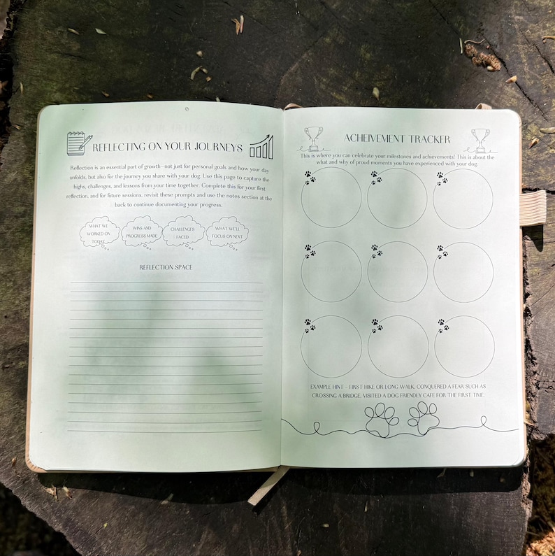 Op de afbeelding: Open dagboek met de titels "Reflecting on Your Journeys" en "Achievement Tracker". De linkerpagina heeft gelijnde ruimte voor notities en denkballonnen. De rechterpagina bevat cirkels met pootafdrukken om prestaties van honden bij te houden.