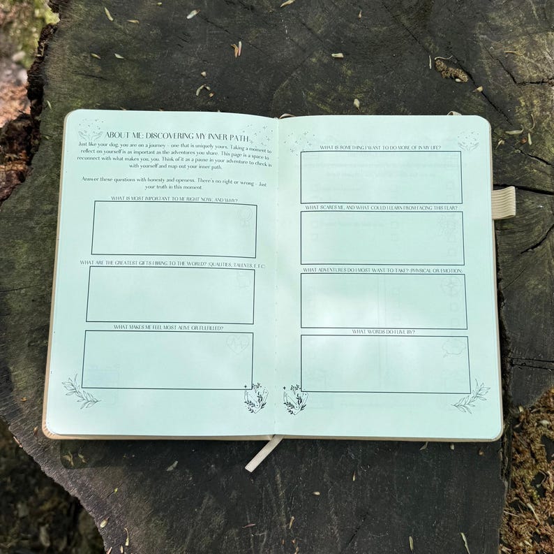 Op de afbeelding: Een open dagboek met vragen voor zelfreflectie, getiteld "ABOUT ME: DISCOVERING MY INNER PATH". Het dagboek ligt op een houten oppervlak, met een lint-bladwijzer. De pagina's zijn gelinieerd.