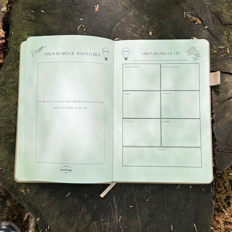 Op de afbeelding: Een open dagboek met lichtgroene pagina's, ontworpen voor vision boards. De linkerpagina is voor avonturen, de rechter voor levensdoelen. Secties zijn onder meer carri&egrave;re, familie en reizen. Het dagboek ligt open op een houten oppervlak, met een bladwijzer.