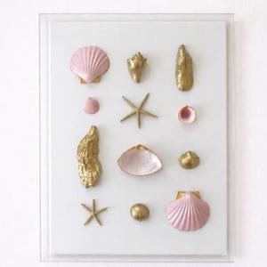 May include: A collection of seashells and starfish in various shapes and sizes, arranged on a white background within a clear frame. The shells are painted in gold and soft pink hues, creating a coastal theme.