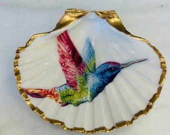 Scallop Shell Trinket Dish, Jewelry Dish, Teacher Gift, Best Friend Gift, Mom Gift, Hummingbird Gift, Coastal Wedding Gift, Bridesmaid Gift
