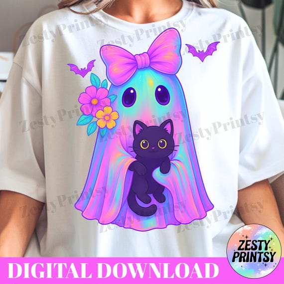 Halloween Rainbow Ghost PNG, Cute Spooky Ghost Holding Cat with Coquette Bow, Tie Dye Pastel Digital Download for Sublimation & Shirts