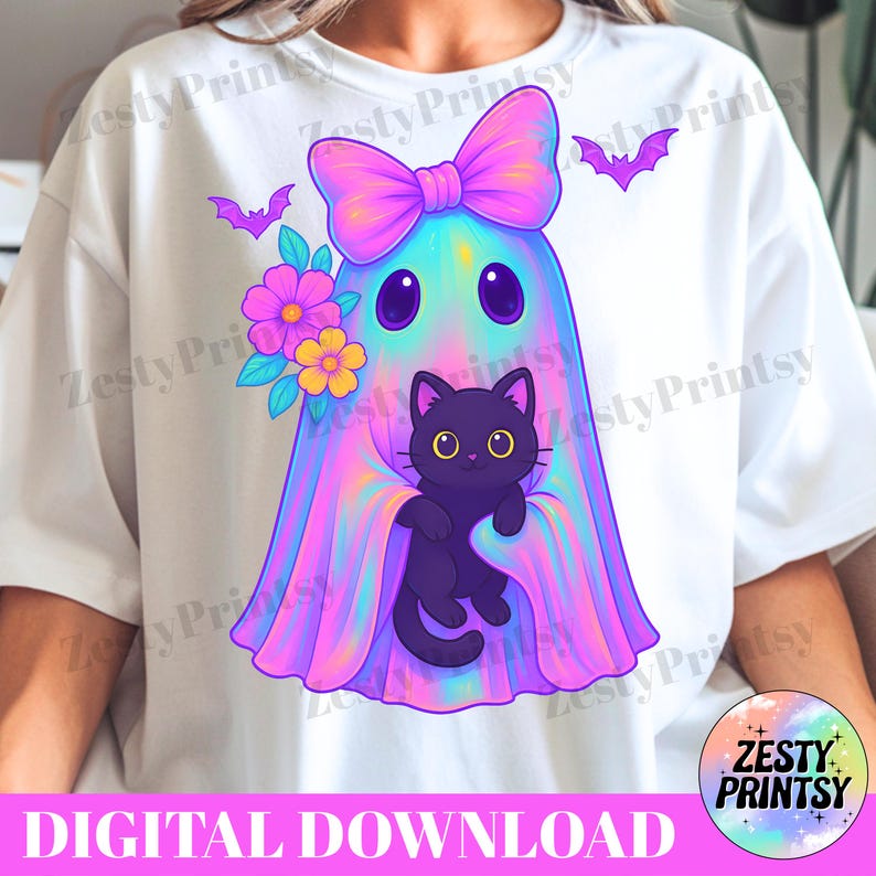 May include: White t-shirt with a colourful ghost design holding a black cat. The ghost has a large pink bow, purple flowers, and two bats. The text "DIGITAL DOWNLOAD" is at the bottom.