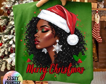 Merry Christmas Afro Black Woman PNG, African American Santa Hat Graphic for T-Shirt, Holiday Sublimation Design, Melanin Queen Xmas SVG