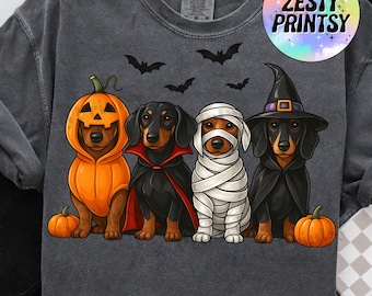 Spooky Dachshund Halloween PNG, Cute Dog in Costume Clipart, Funny Dogs Digital Download, Sublimation Design for Shirts, Halloween Art