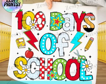 Diseño retro PNG de 100 días de clases, gráfico de 100 días para maestros y estudiantes, celebración en el aula infantil, archivo digital de descarga instantánea