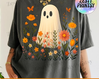 Duch Halloween PNG, Uroczy dziewczęcy duch dzikiego kwiatu, Modny upiorny sezon PNG, Estetyczny projekt na Halloween, Pobieranie cyfrowe do sublimacji