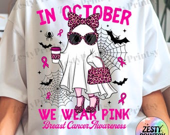 Breast Cancer Awareness Ghost PNG, Leopard Print Pink Ribbon Woman Design, Halloween, Support Digital Download, Sublimation PNG for Shirts