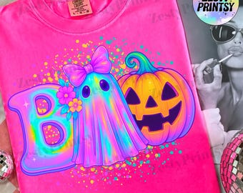 Spooky Cute Ghost Boo PNG, Halloween Ghost Clipart with Coquette Bow, Trendy Digital Halloween Design PNG for Sublimation, Shirts, Mugs