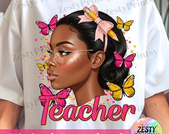 Zwarte leraar png, afro opvoeder clipart, Afro-Amerikaanse leraar ontwerp met vlinders, sublimatie png digitale download
