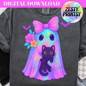 May include: Dark grey sweatshirt with a colourful ghost design holding a black cat, flowers, and bats. The ghost has a large pink bow and is surrounded by a rainbow of colours. The text "DIGITAL DOWNLOAD" is at the top.