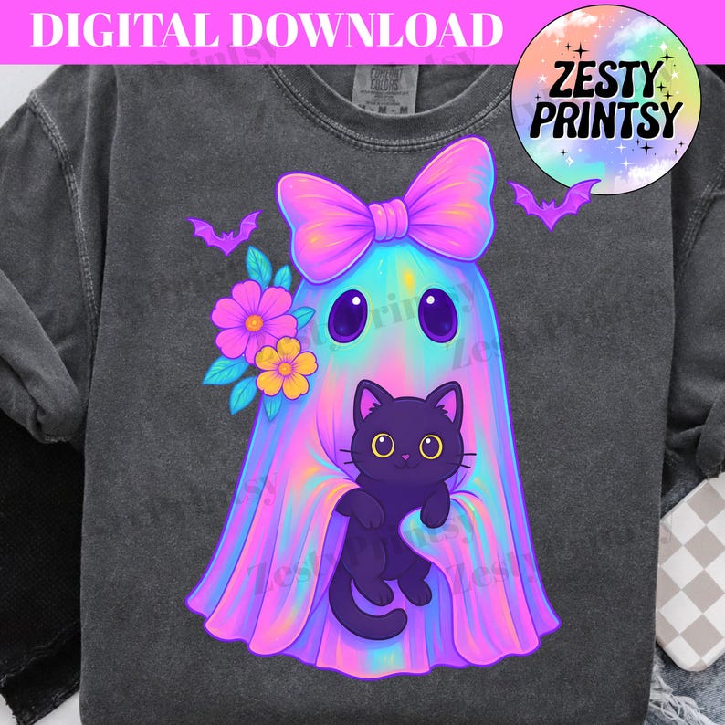 May include: Dark grey sweatshirt with a colourful ghost design holding a black cat, flowers, and bats. The ghost has a large pink bow and is surrounded by a rainbow of colours. The text "DIGITAL DOWNLOAD" is at the top.