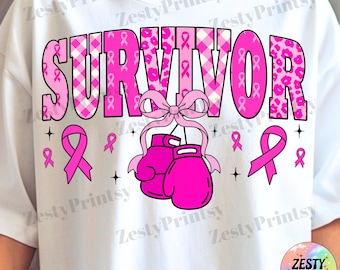 May include: White t-shirt with the word "SURVIVOR" in pink, featuring a plaid and leopard print design. Pink boxing gloves and ribbons are also displayed. The phrase "DIGITAL DOWNLOAD" is at the bottom.