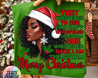 Merry Christmas Afro Black Woman PNG, African American Santa Hat Graphic for T-Shirt, Holiday Sublimation Design, Melanin Queen Xmas SVG