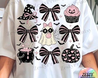 May include: White t-shirt featuring a Halloween-themed design. The design includes a witch's hat, bows, a cupcake, a ghost, a cauldron, a pumpkin, bats, and stars. The words "DIGITAL DOWNLOAD" are at the bottom.