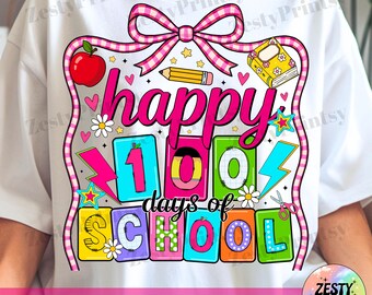 Happy 100 Days of School PNG, Retro 100th Day Coquette Bow Design, Teacher Students Girls 100 Days PNG, School Celebration Digital Download