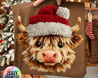 Highland Cow Christmas PNG, Crochet Santa Hat Holiday Sublimation Design, Merry Christmas PNG, Farmhouse Cow Clipart Digital Download