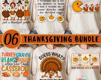 May include: Thanksgiving-themed t-shirt bundle featuring various designs. One shirt shows geese in pilgrim hats, another has deviled eggs, and others display phrases like "Turkey Butt!" and "Lemme See That Casserole."