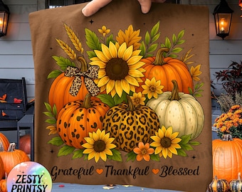 PNG reconnaissant reconnaissant béni, citrouille léopard automne automne Sublimation Design pour chemises, Turquie Thanksgiving PNG, téléchargement immédiat