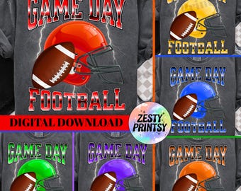 May include: A gray sweatshirt design featuring a football helmet and football with the words "GAME DAY FOOTBALL" in red and white. The design includes lightning bolts and the text "DIGITAL DOWNLOAD".