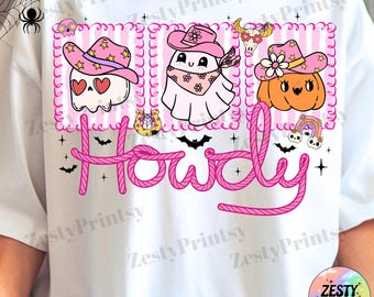 Howdy Cowgirl Halloween PNG, Funny Digital Download, Spooky Skeleton Cowgirl Clipart, Ghost & Pumpkin PNG Western Cowgirl Design Sublimation