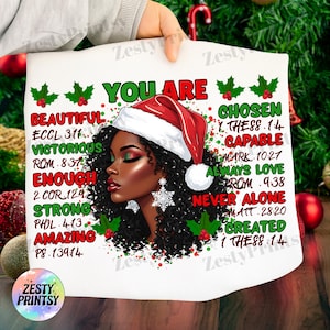 Merry Christmas Afro Black Woman PNG, African American Santa Hat Graphic for T-Shirt, Holiday Sublimation Design, Melanin Queen Xmas SVG