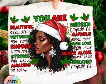Merry Christmas Afro Black Woman PNG, African American Santa Hat Graphic for T-Shirt, Holiday Sublimation Design, Melanin Queen Xmas SVG