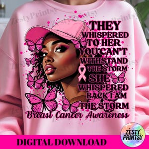 Breast Cancer Awareness PNG African American Woman Pink Ribbon, Butterfly Sublimation Design Digital Download, Support Hope Strength Clipart