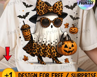 Cute Ghost PNG Halloween Clipart, Leopard Print Girly Ghost Design, Trendy Halloween Sublimation PNG, Witch Hat Digital Download for Shirts