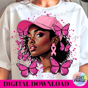 Breast Cancer Awareness PNG African American Woman Pink Ribbon, Butterfly Sublimation Design Digital Download, Support Hope Strength Clipart