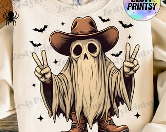 Halloween Cowboy Ghost PNG, Spooky Western Ghost Clipart, Digital Download, Retro Wild West PNG for Sublimation, Shirt Design, Printable Art