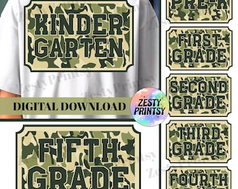Pacote de camuflagem PNG de volta às aulas para meninos | Designs de camisetas digitais para pré-escola ao 5º ano | Camisetas de camuflagem PNG para estudantes.