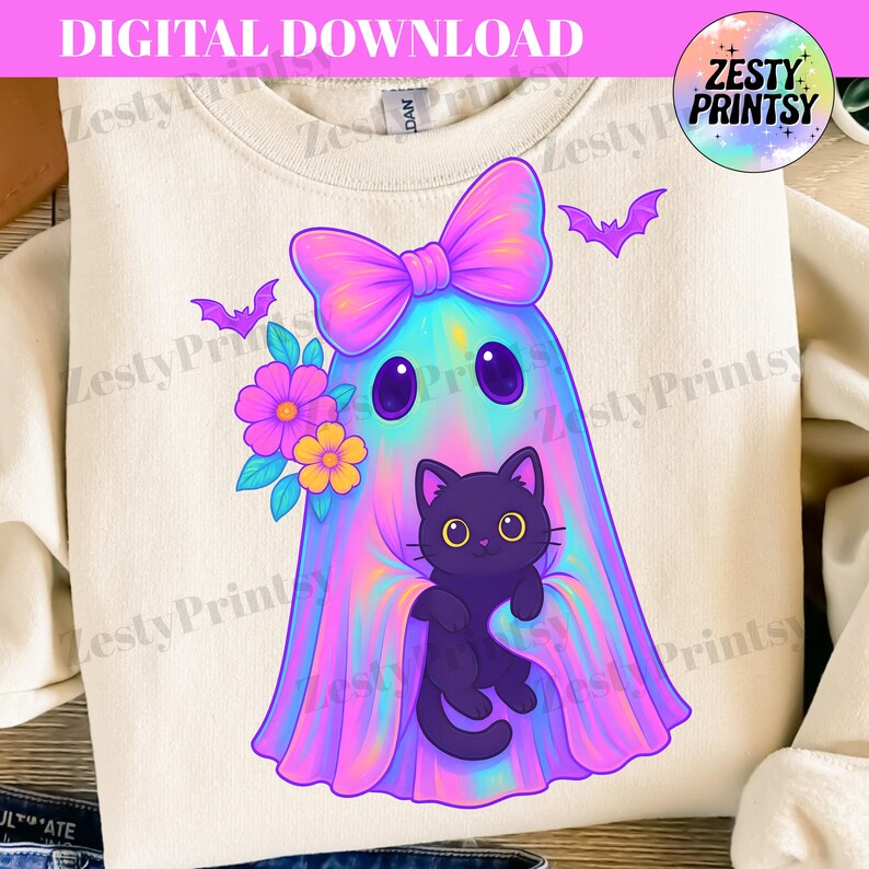 May include: A cream-coloured sweatshirt with a vibrant ghost design embracing a black cat. The ghost has a large bow, flowers, and bat accents. The text "DIGITAL DOWNLOAD" is at the top. The brand name "Zesty Printsy" is also visible.