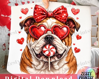 Bulldog Valentine's Day PNG, Coquette Bow Heart Sunglasses Candy Dog Digital Download, Red Aesthetic Love Puppy Clipart Sublimation