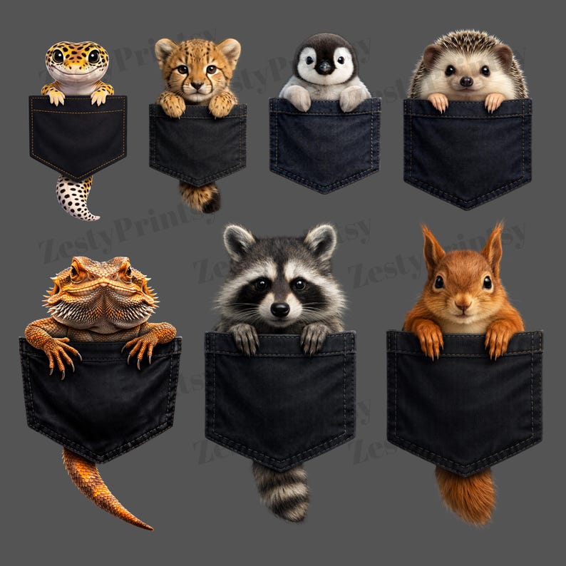 Pocket Animals PNG Bundle, Raccoon Squirrel Penguin Lizard Pocket ...