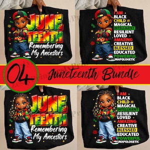 Può includere: Borse tote nere con disegni del Juneteenth. Ogni borsa mostra un bambino dei cartoni animati con berretto e abiti colorati. Il testo include "June Teenth", "Remembering My Ancestors" e affermazioni di empowerment.