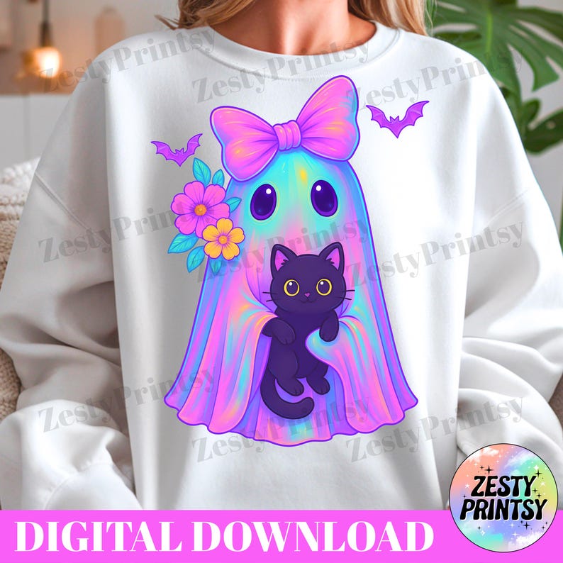 May include: White sweatshirt with a cartoon ghost design, holding a black cat and adorned with a bow, flowers, and bats. The design features a digital download text at the bottom. The artwork uses a vibrant palette of pink, purple, and blue hues.